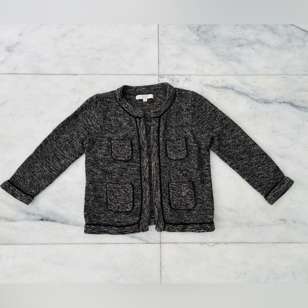 Ann Taylor LOFT Jacket Textured Knit Black Silver Patch Pocket Womens M Classic